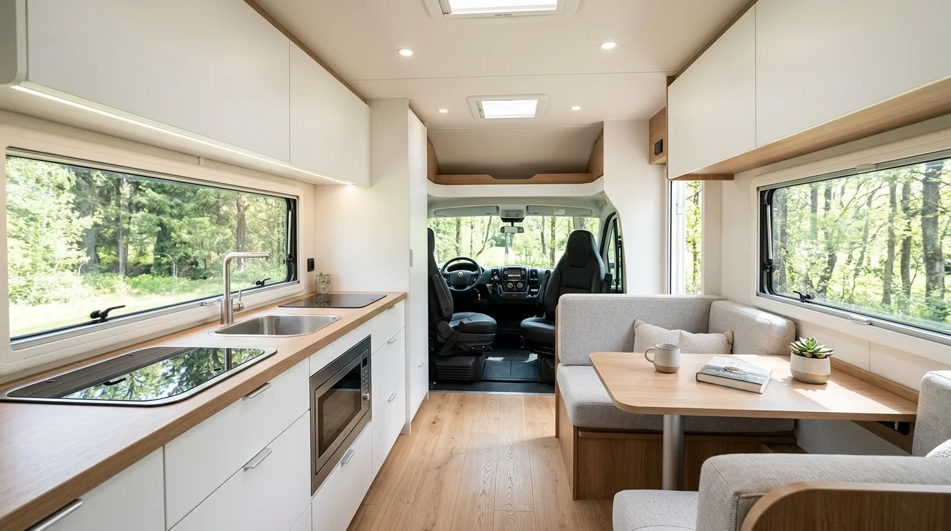 Stylish RV camper interior arranged for comfortable life on the road.