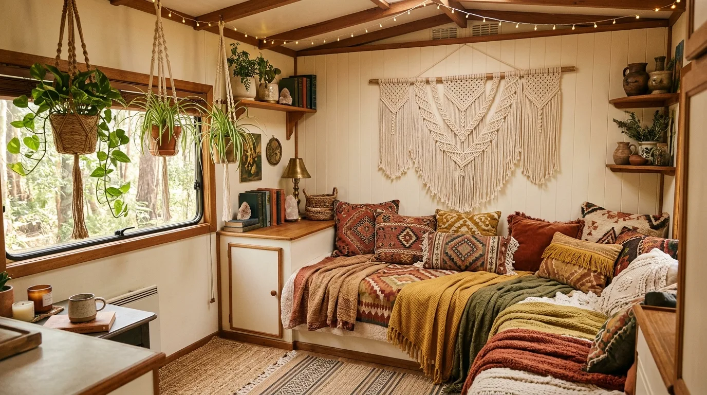 Rustic RV camper interior with warm wood tones and cozy cabin decor.
