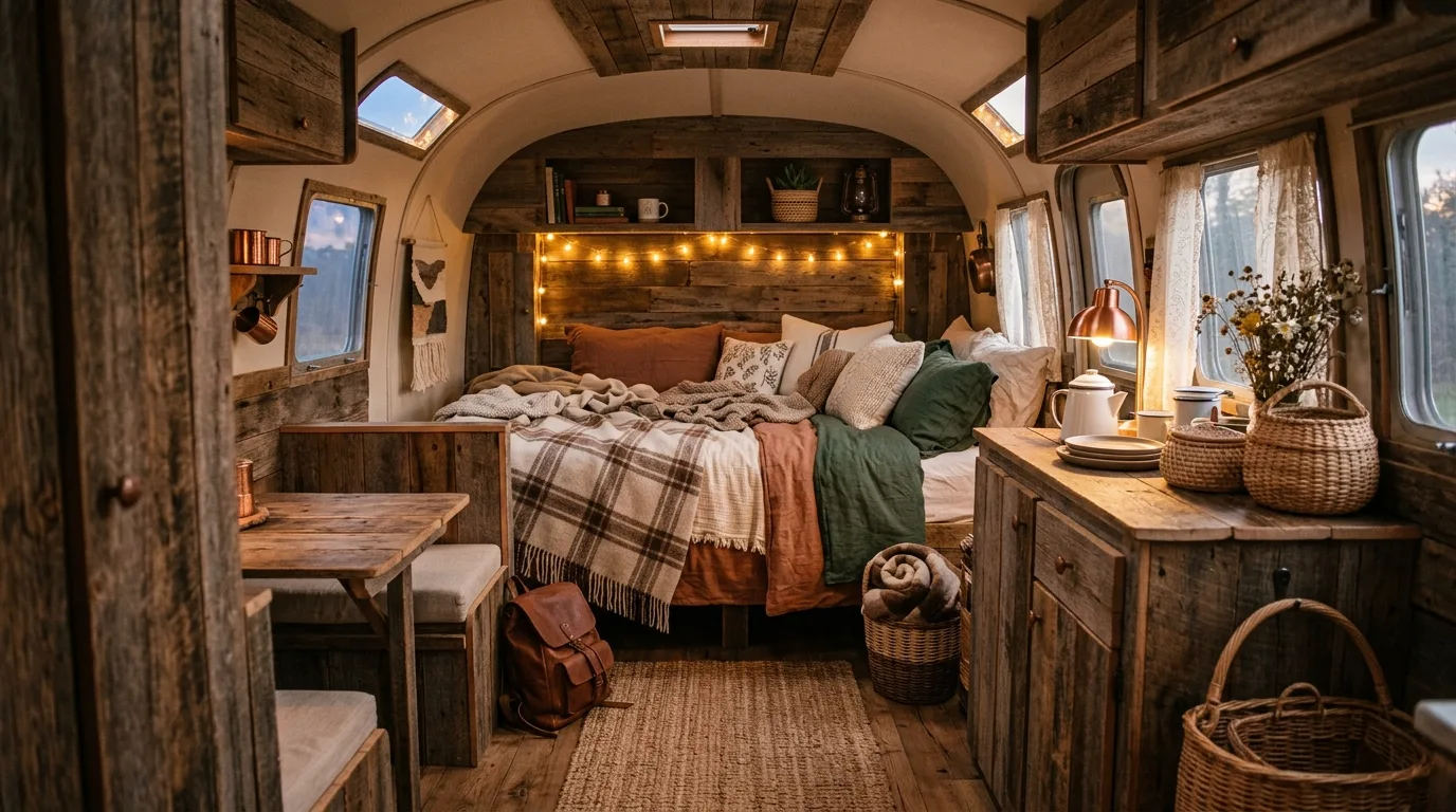 Coastal-inspired RV interior with white finishes and blue accents.