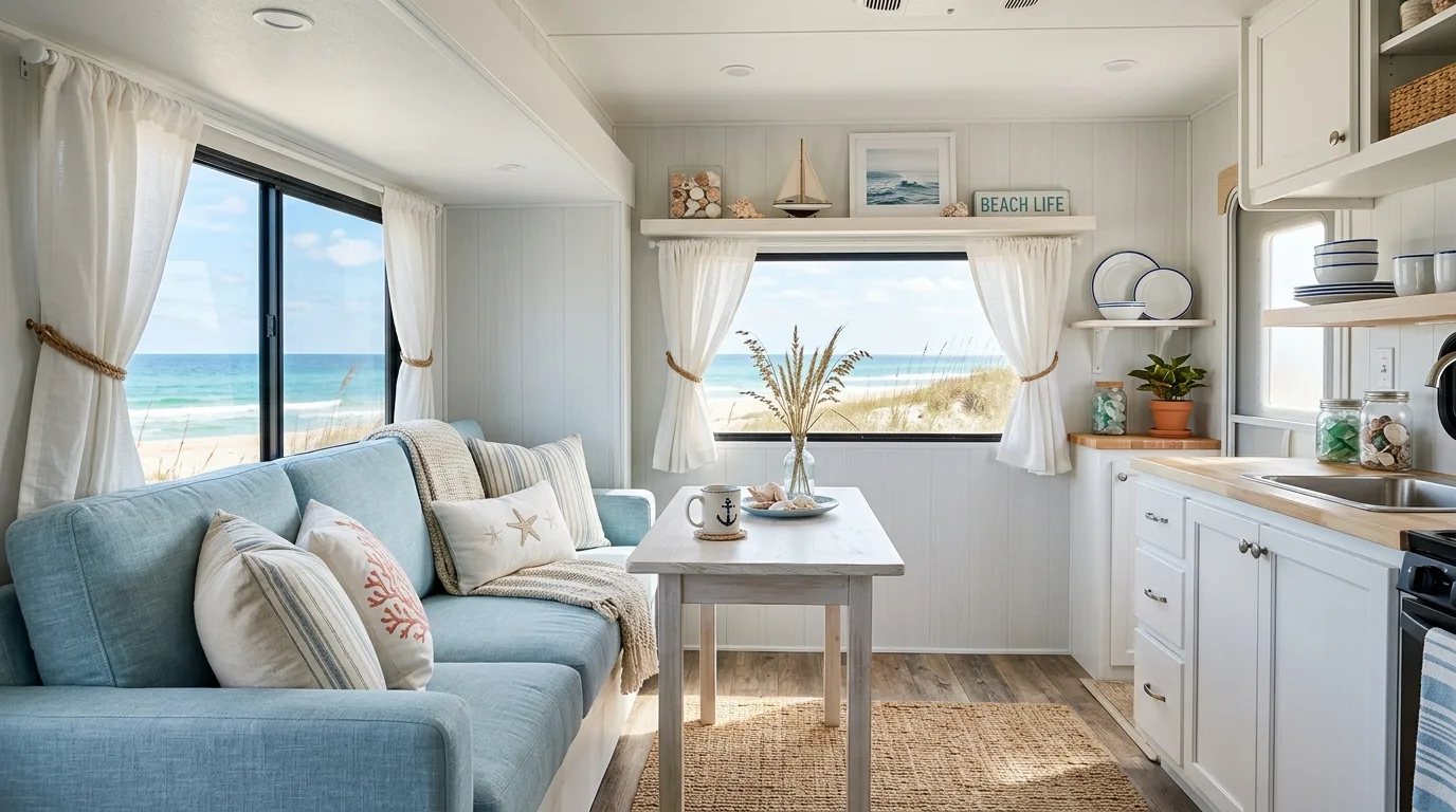 Boho RV interior styled with woven texture and layered neutral decor.