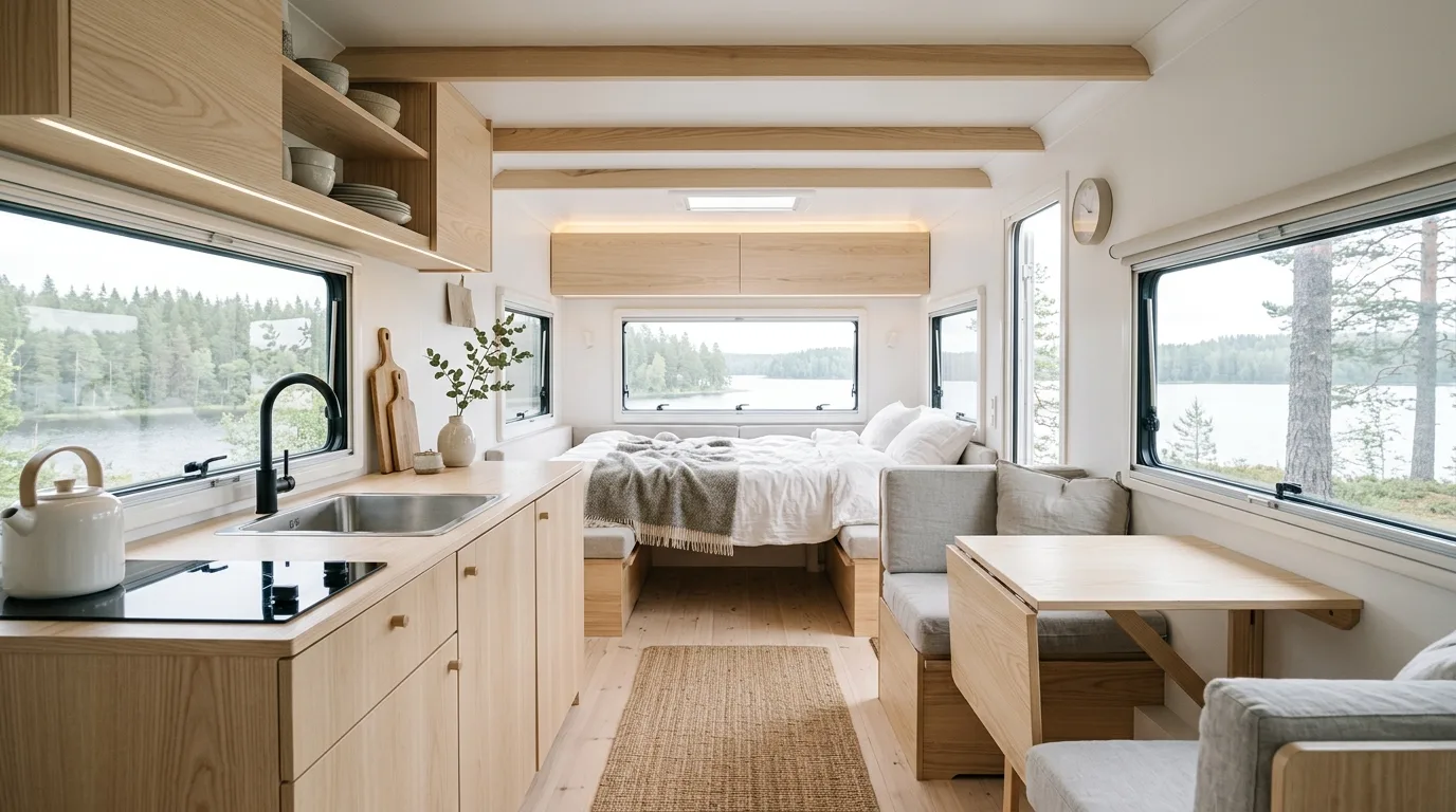 Scandinavian RV interior with light wood and simple functional styling.