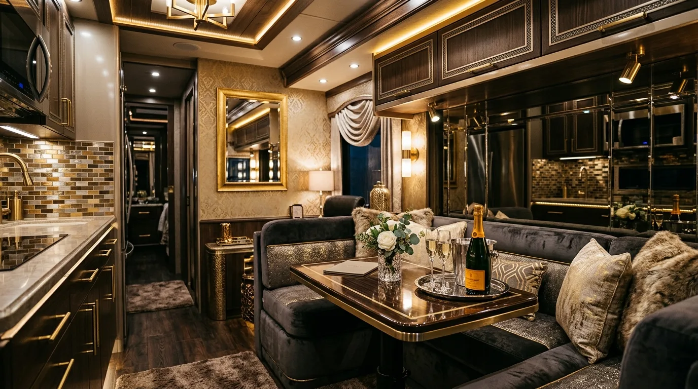 Vintage-style RV interior with retro decor and nostalgic camp charm.