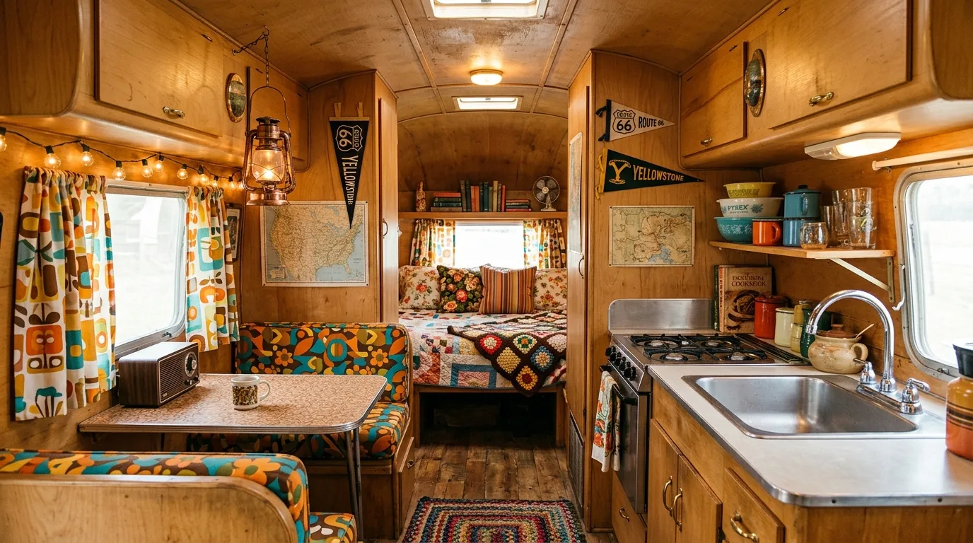 RV camper interior styled in earthy desert-inspired tones.