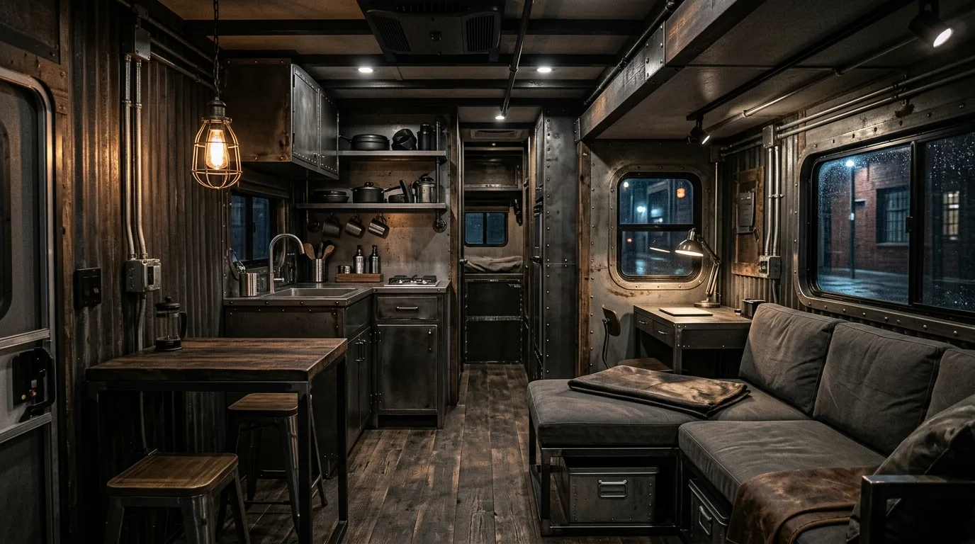 Farmhouse RV interior with shiplap details and black hardware.