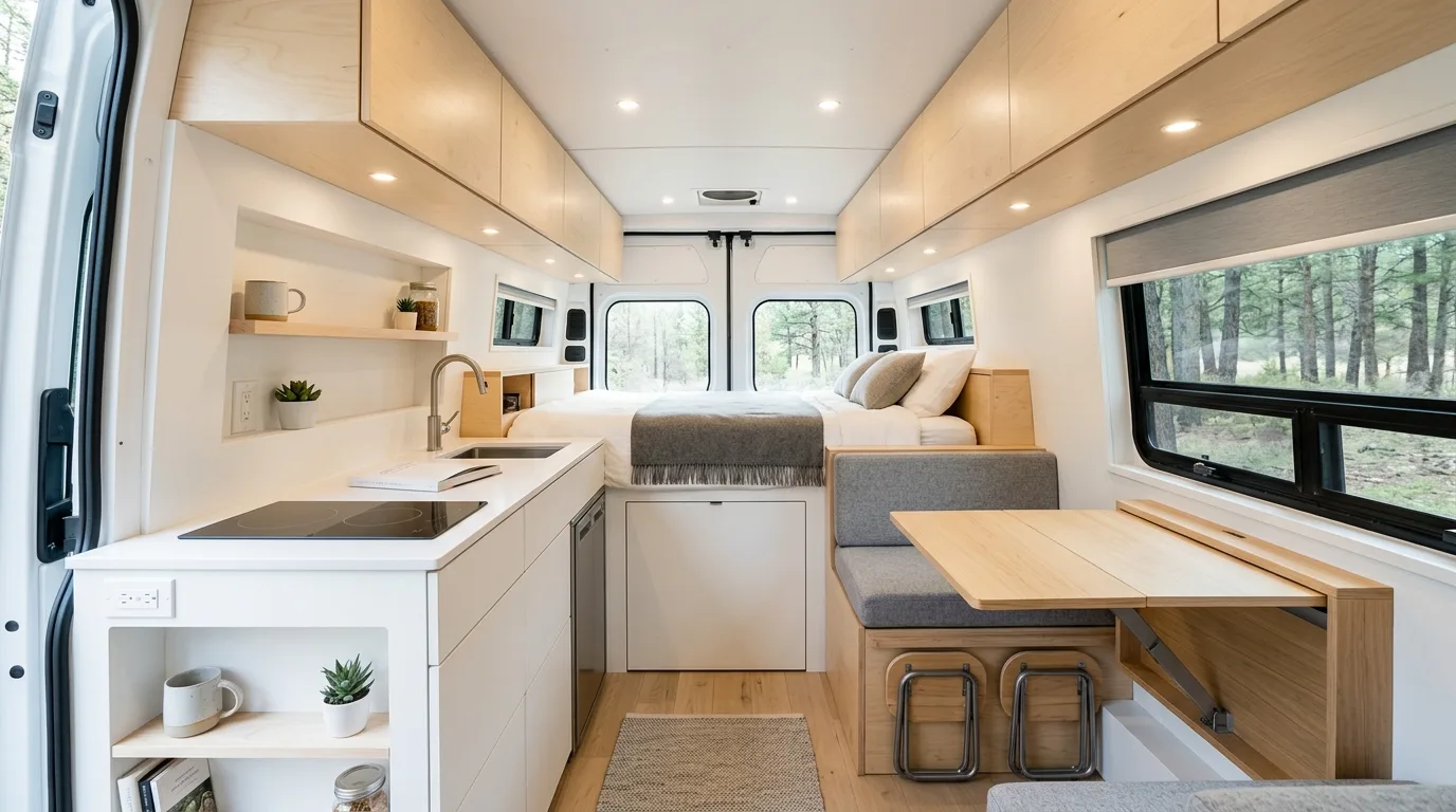 Luxury RV interior with polished cabinetry and upscale finishes.