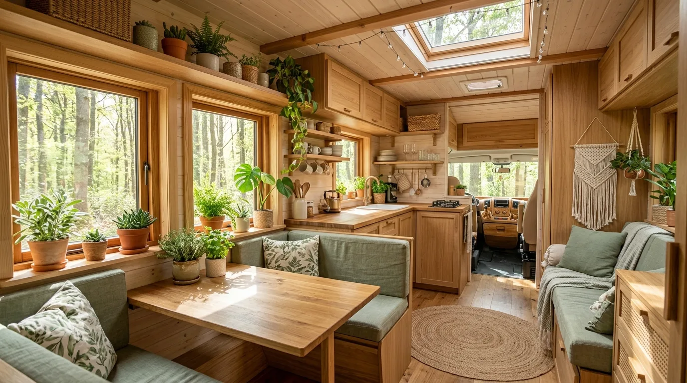 Family-friendly RV interior with durable fabrics and organized storage.