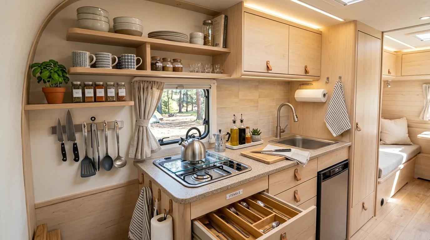 Adventure-focused RV interior with organized storage for outdoor gear.