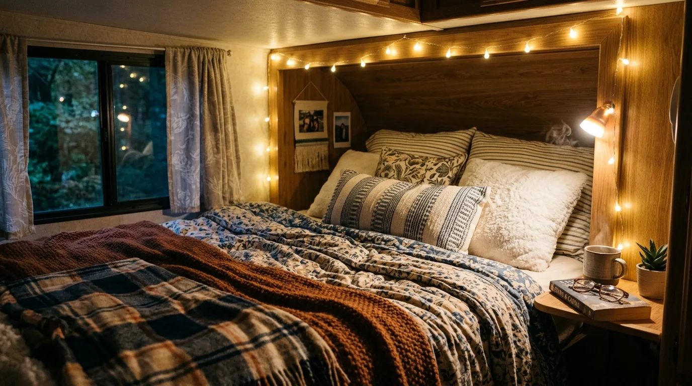 RV sleeping area styled like a cozy home bedroom with layered bedding.