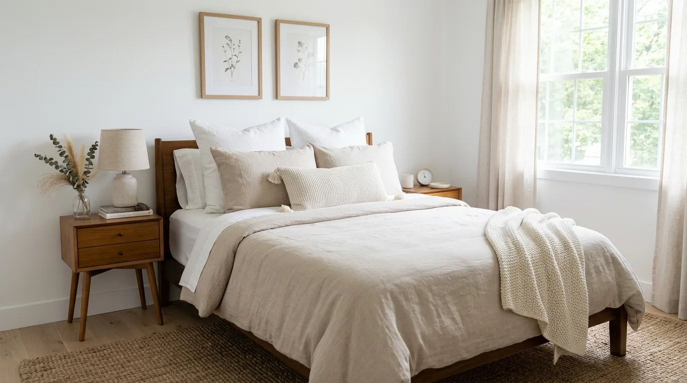 Budget-friendly bedroom refresh with layered bedding and warm neutral decor.