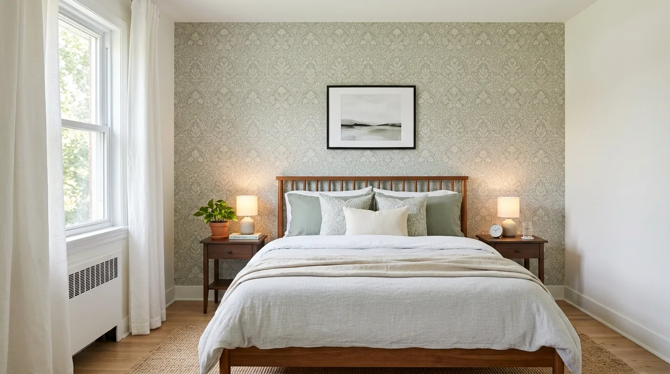 Bedroom refresh with curtains hung higher for a taller window look.
