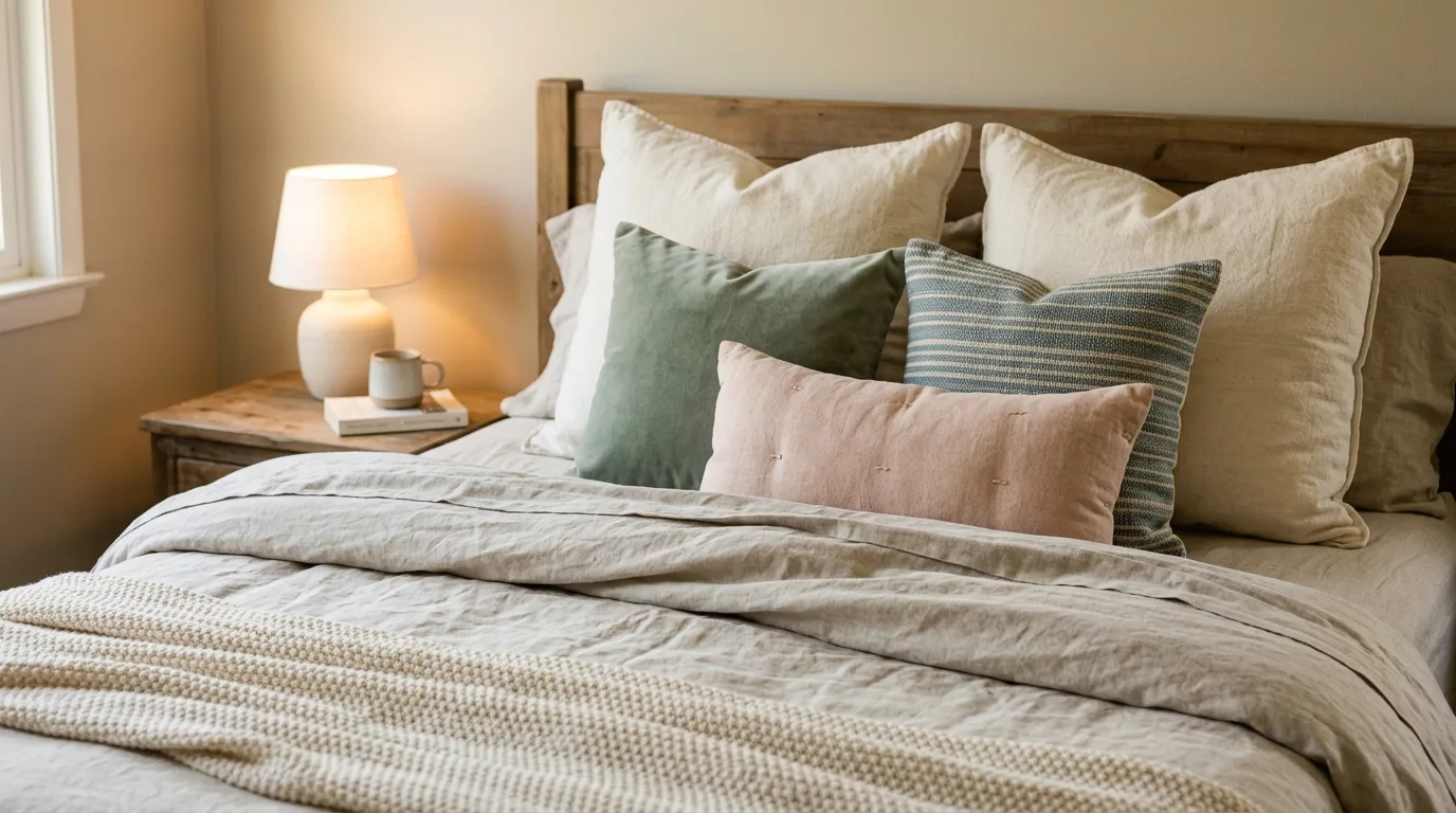 Bedroom dresser styled with a tray, mirror, and simple decor.
