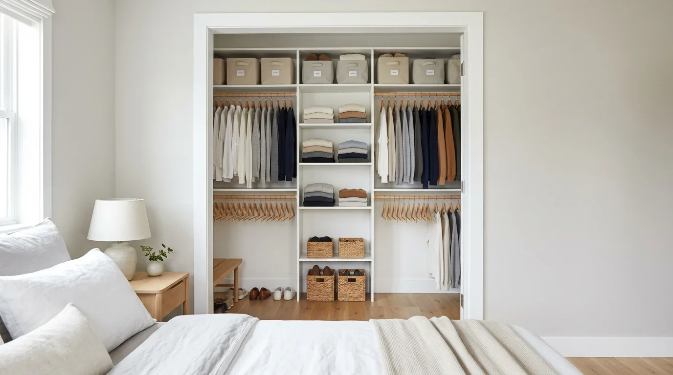 Budget bedroom organization using woven baskets for storage.