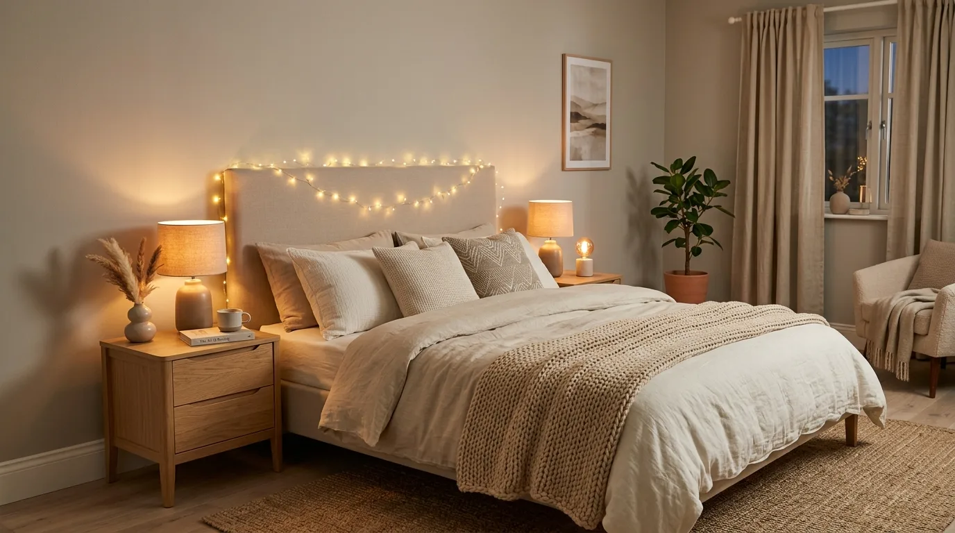 Affordable bedroom refresh using warm neutral colors and soft decor.