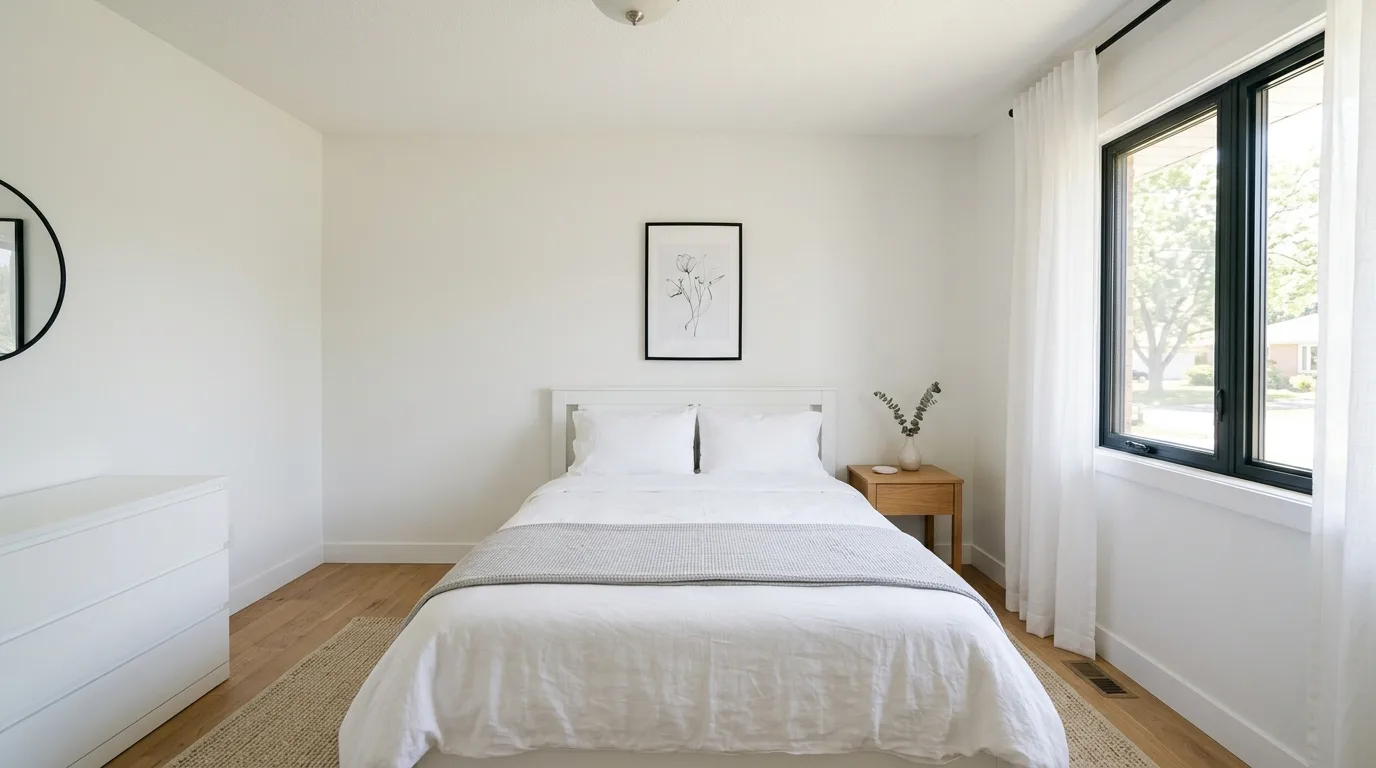 Restful bedroom layout with simplified furniture and clearer floor space.