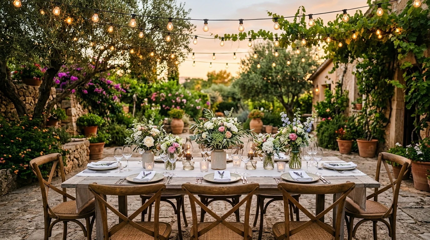Al fresco summer tablescape creating a beautiful outdoor dining setup.