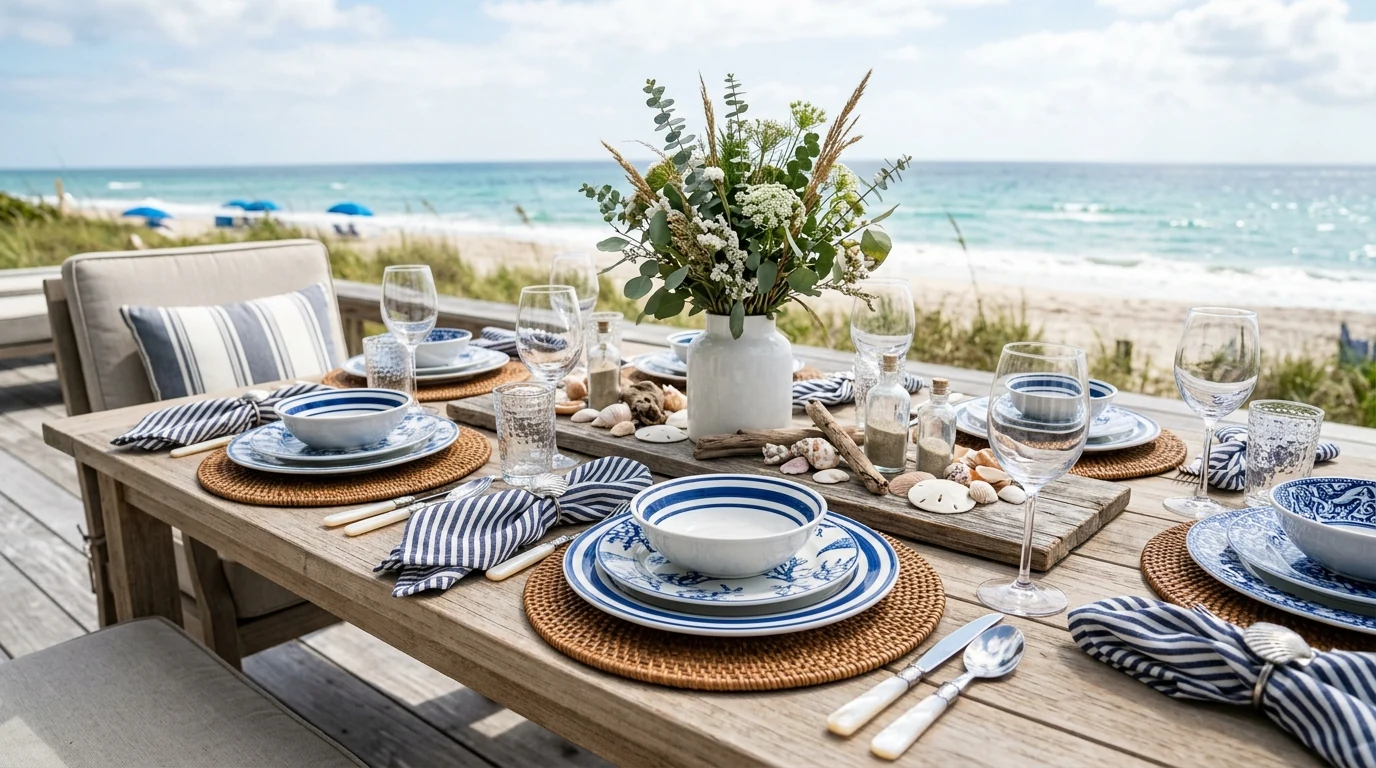 Al fresco summer table styled in a breezy blue coastal palette.