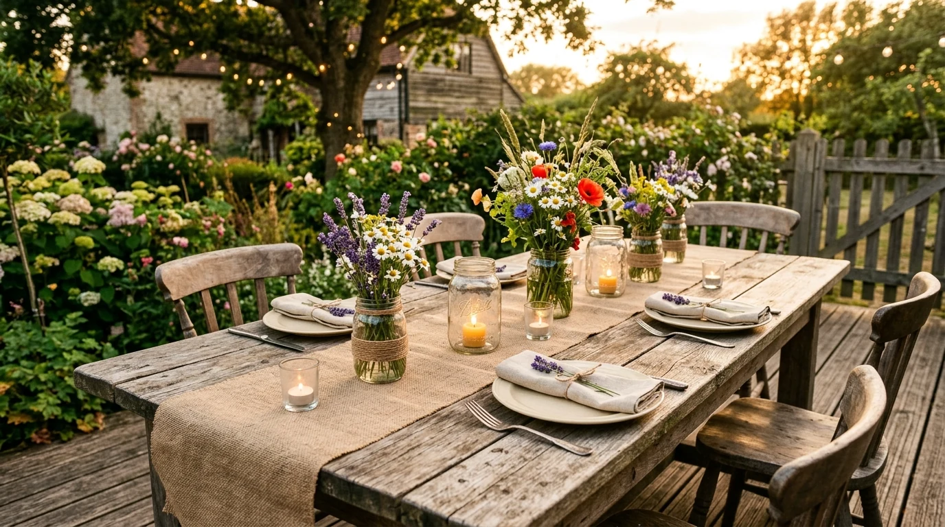 Outdoor summer dining table with a loose wildflower centerpiece.