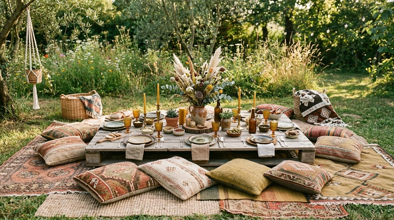 Summer dining table with striped tablecloth and fruit-filled bowls.
