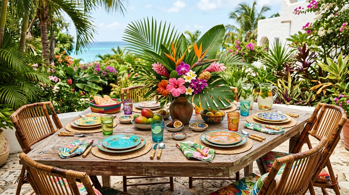Colorful tropical-inspired summer tablescape for outdoor dining.