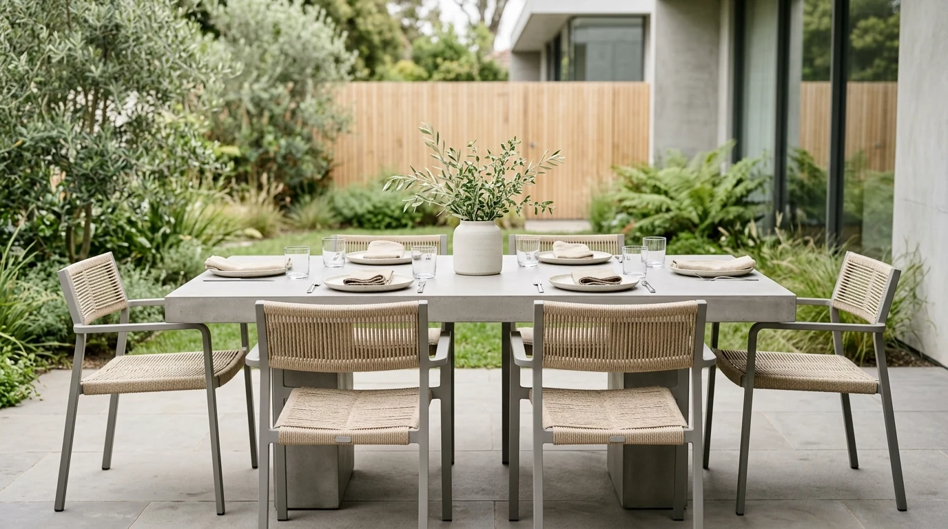 Evening summer outdoor dining table with wicker chargers and candlelight.