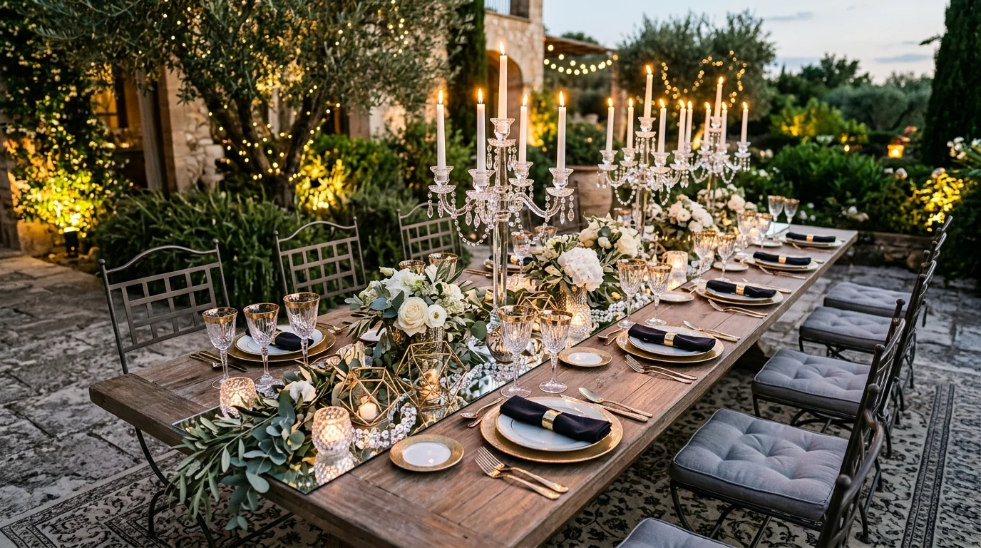 Minimal al fresco summer dinner table set for a sunset meal.