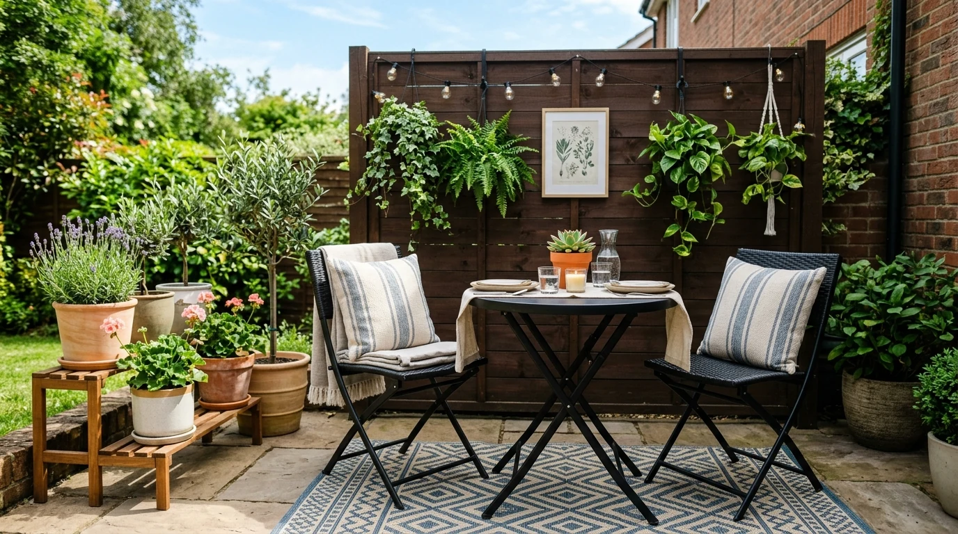 Summer outdoor dining table with rattan accents and crisp white dishes.