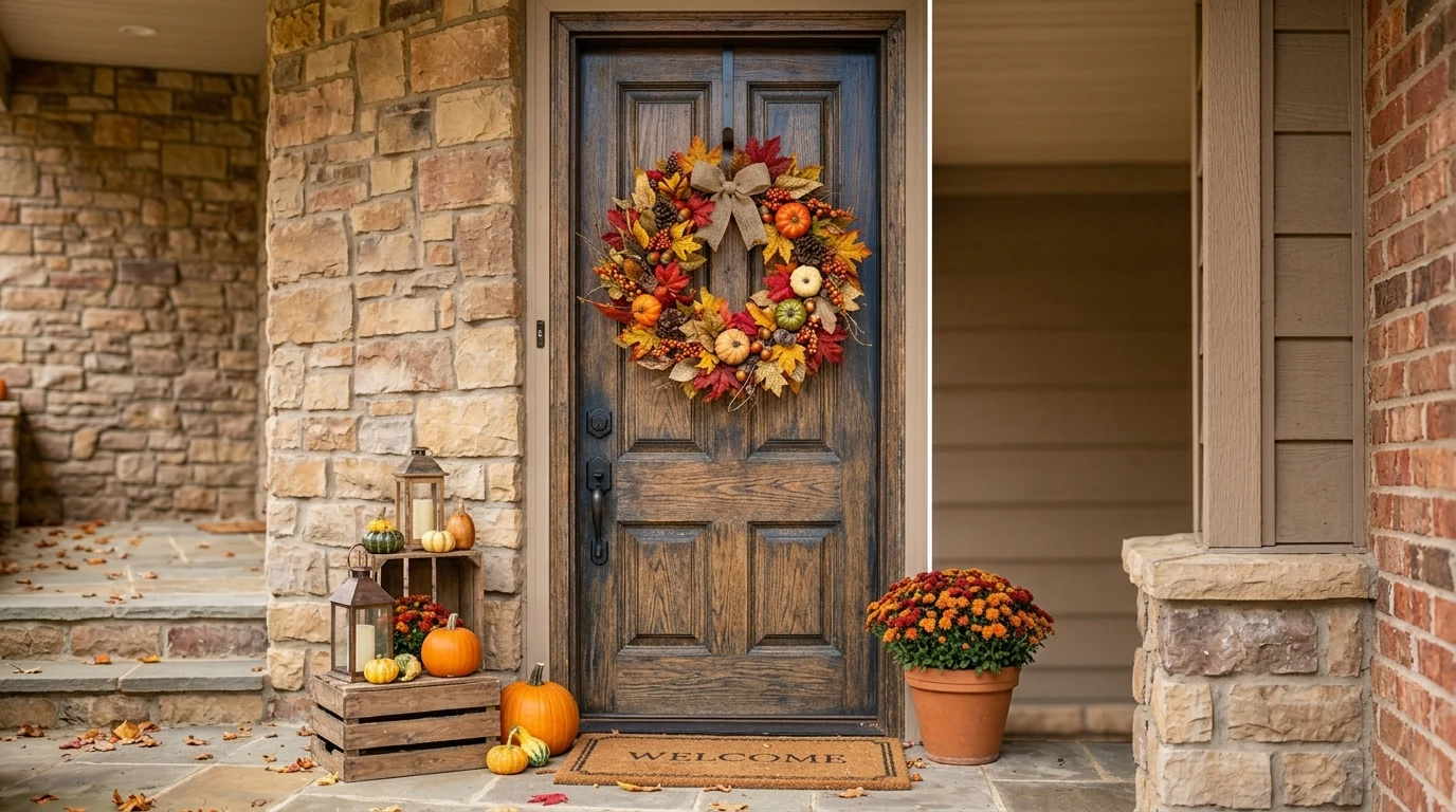 Beautiful fall wreath decorating a front door for an autumn welcome.