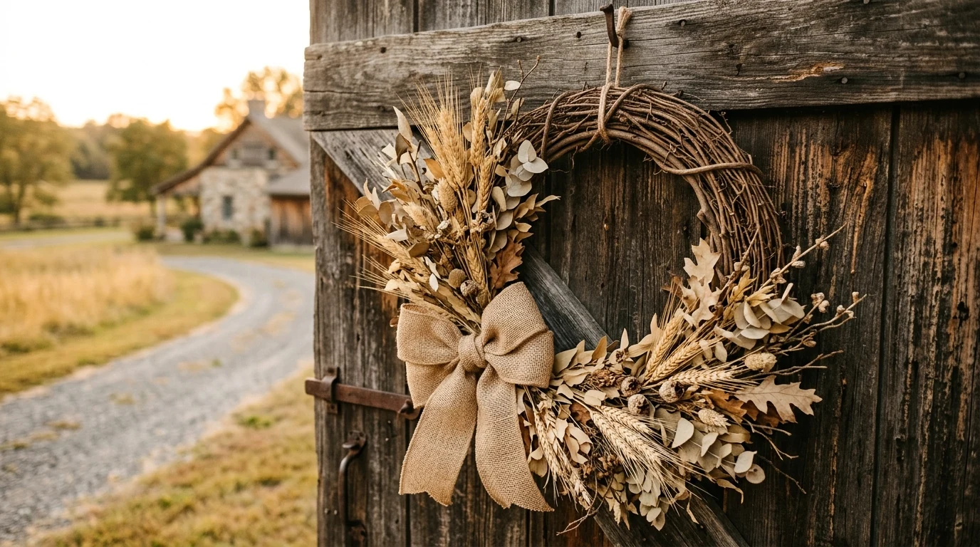 Neutral fall wreath with white pumpkins and wheat on a welcoming front door.