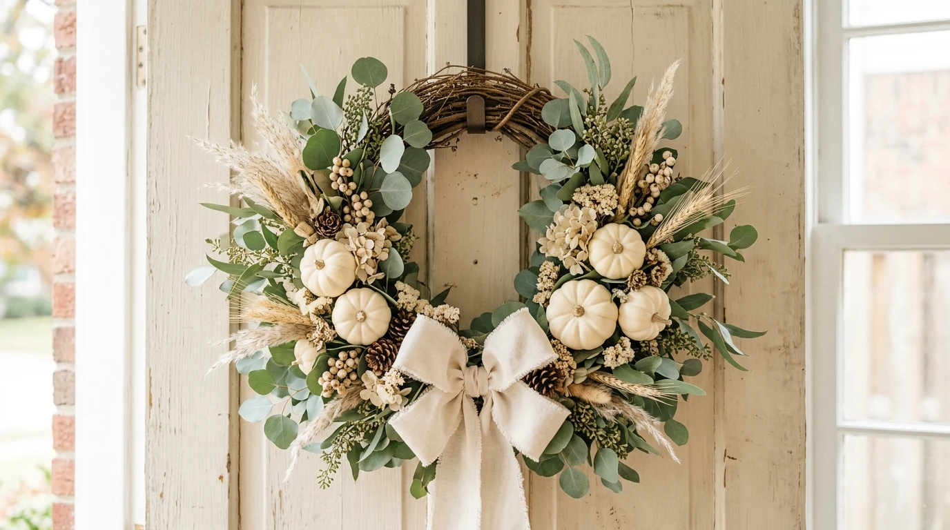 Elegant fall wreath with magnolia leaves and seasonal ribbon.