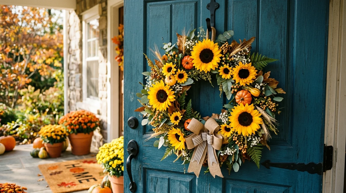 Soft fall wreath in muted green and cream tones for a calm autumn entrance.