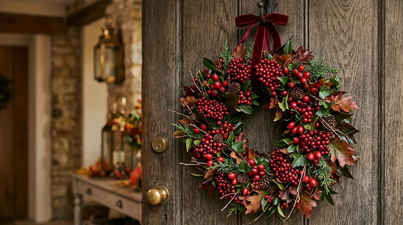 Harvest-style fall wreath with sunflowers and greenery on the front door.