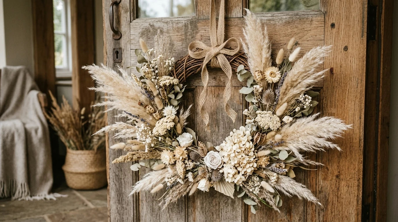 Fall wreath with eucalyptus and copper accents for a warm autumn welcome.