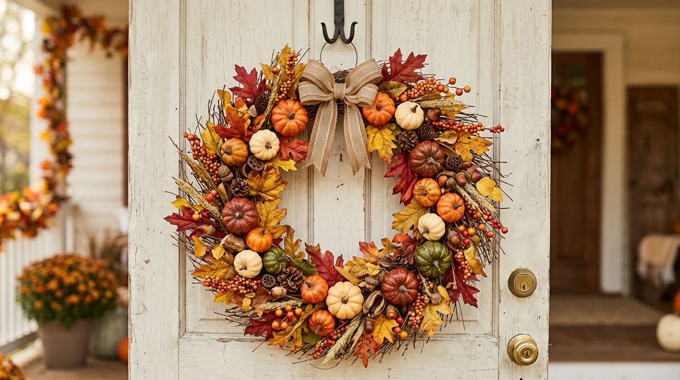 Autumn front door wreath finished with a statement plaid bow.