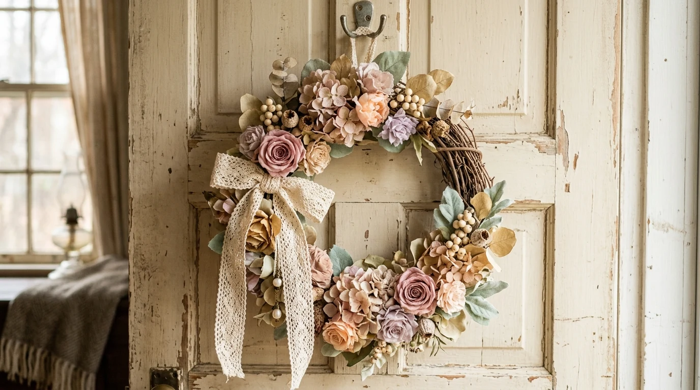 Romantic fall wreath made with dried hydrangeas and seasonal foliage.