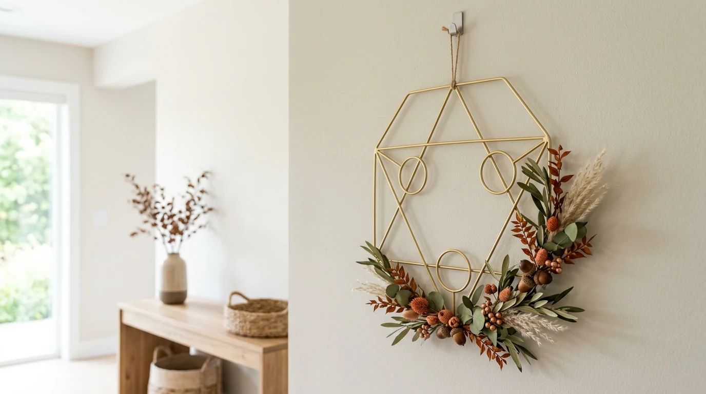 Modern minimal fall leaf wreath on a clean-lined front door.