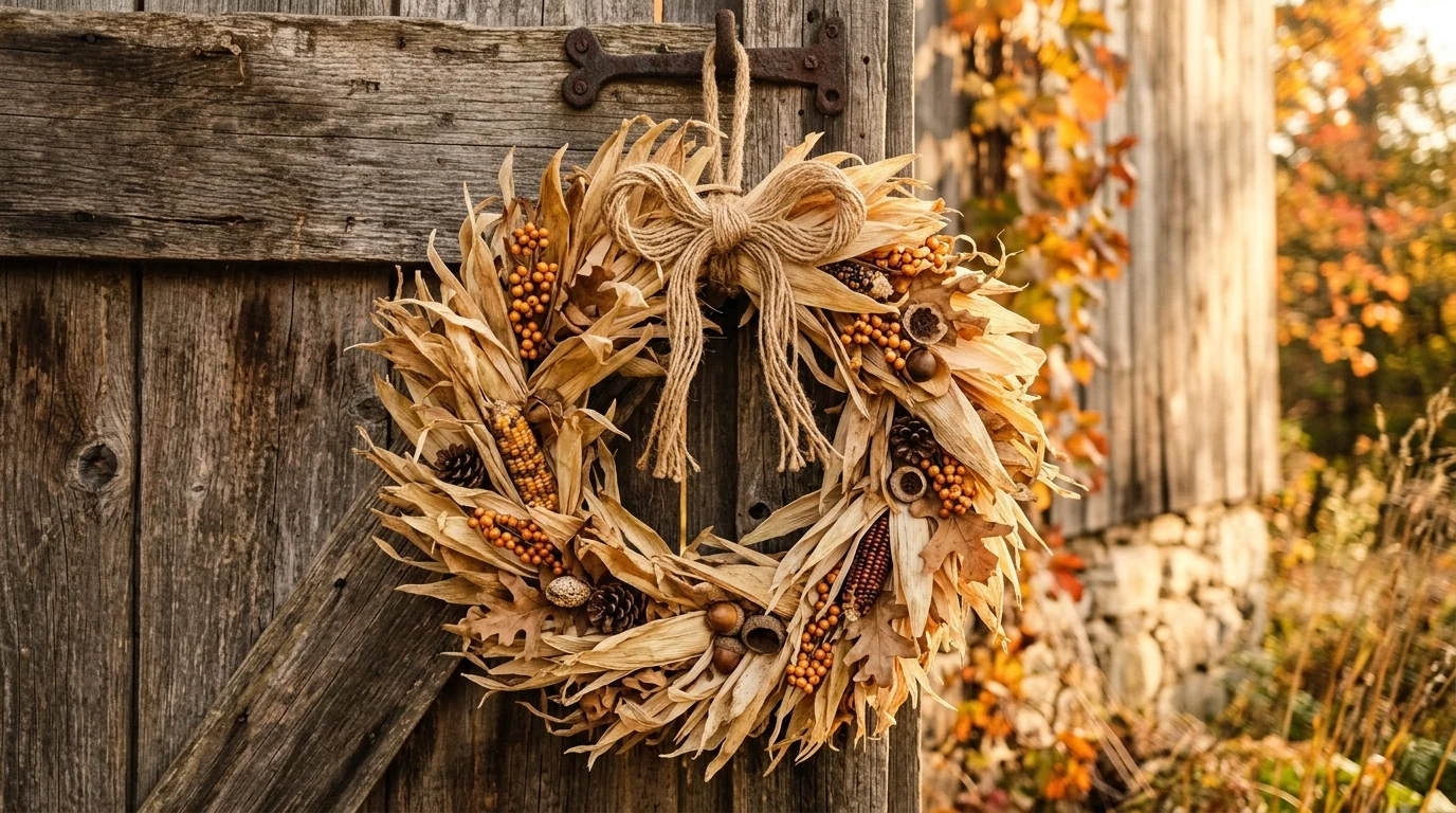 Harvest fall wreath with apple accents and natural branching stems.