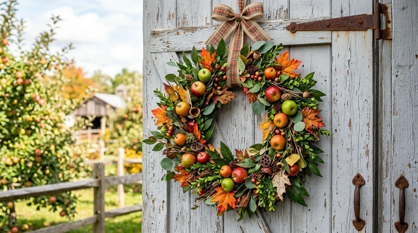 Moody burgundy fall wreath adding rich autumn color to the entry.