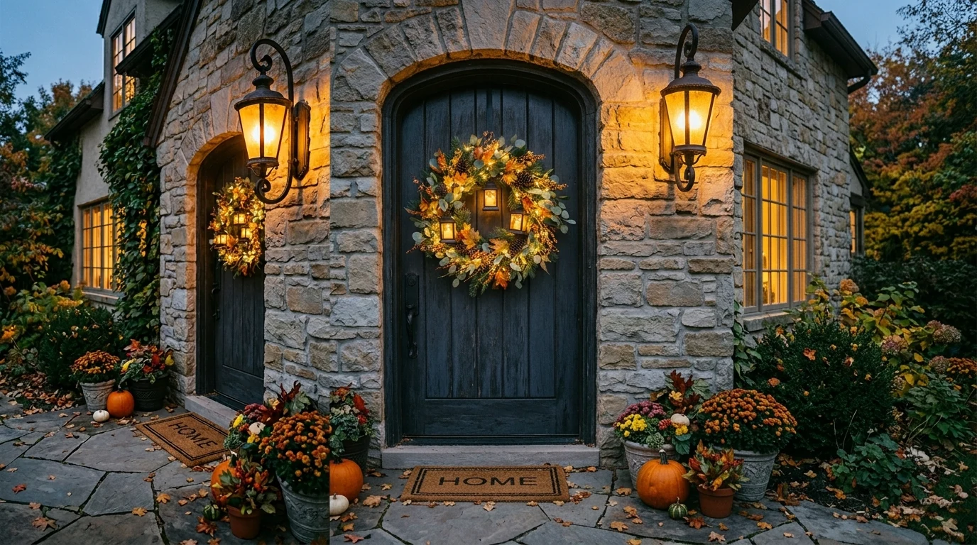 Rustic fall wreath with linen ribbon and soft textured foliage.