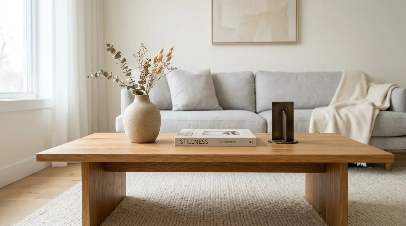 Styled coffee table with stacked design books and decorative objects.