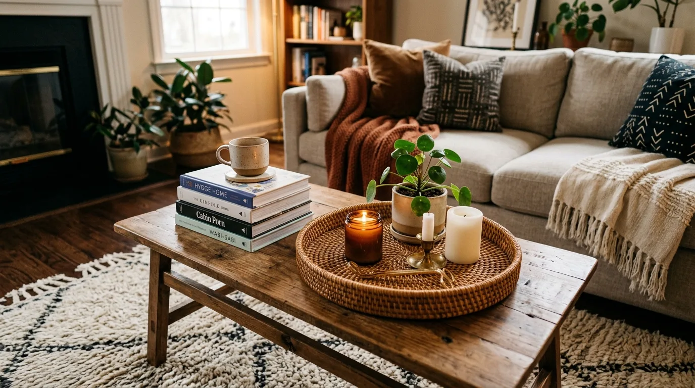 Coffee table styled with a fresh floral arrangement in a low vase.