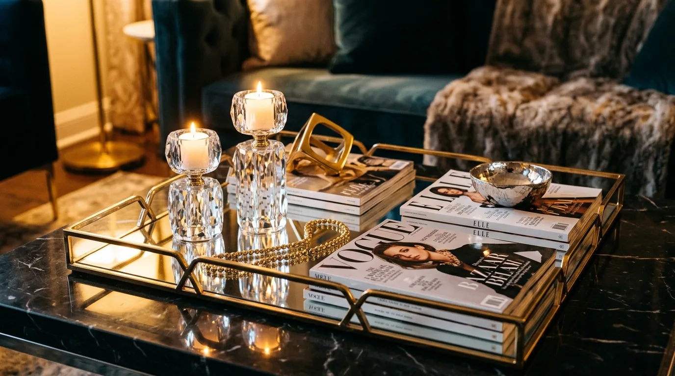 Coffee table decor with a cluster of candles and soft styled accents.