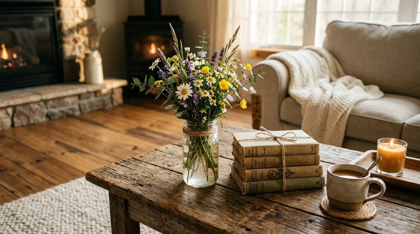 Living room coffee table with a sculptural decorative bowl as a centerpiece.