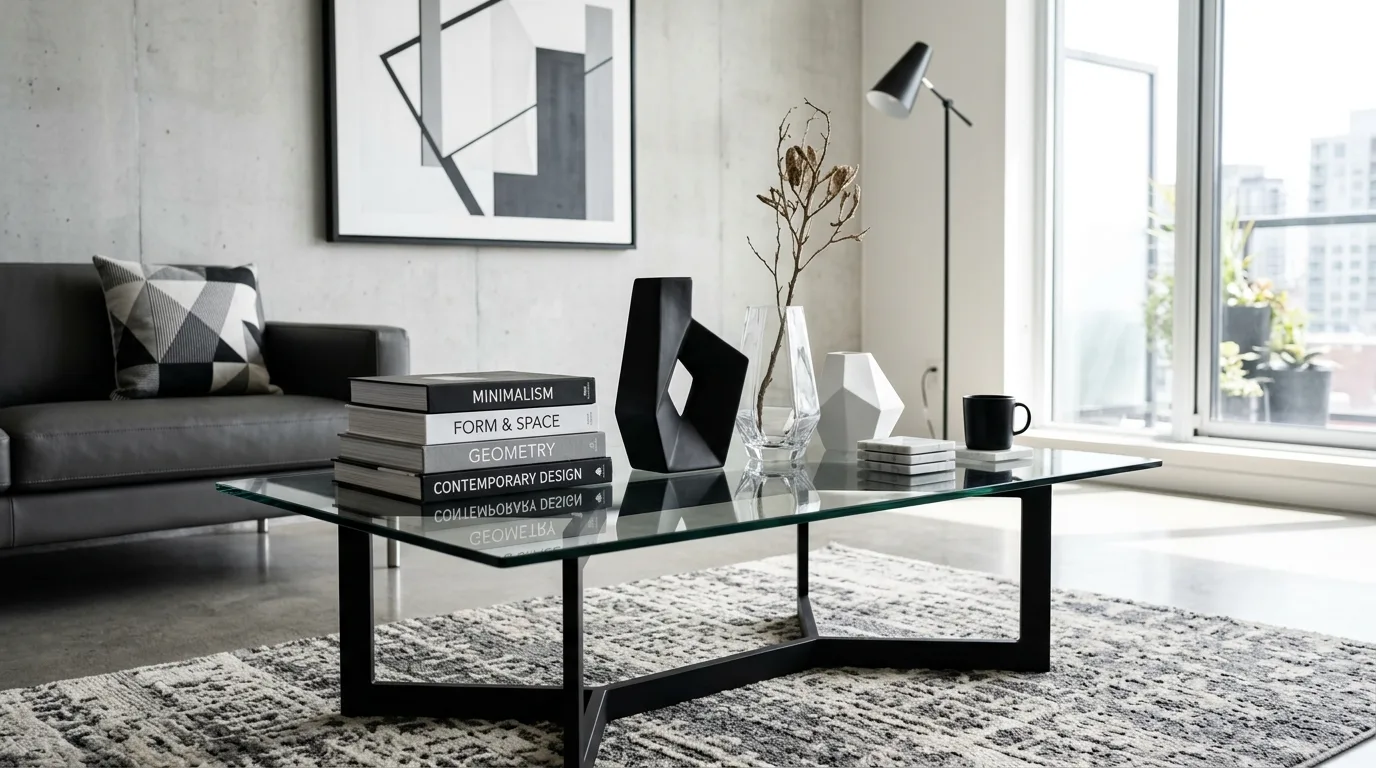 Coffee table arrangement showing varied heights across decor objects.