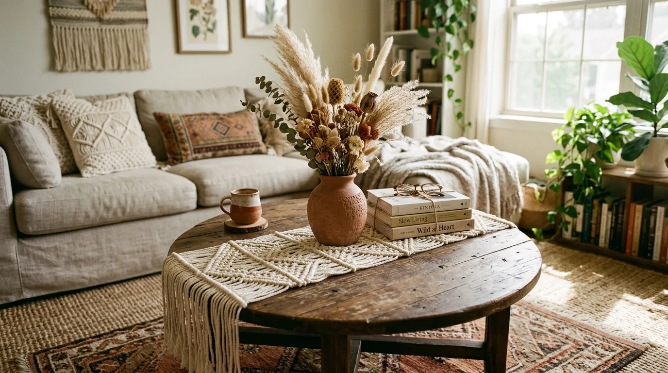 Styled coffee table with greenery and organic decor textures.