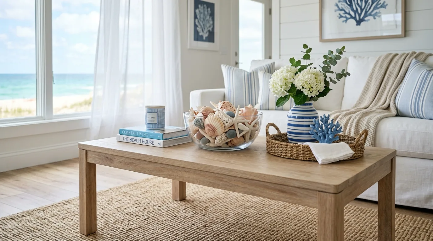 Minimal coffee table styling with one statement sculptural object.