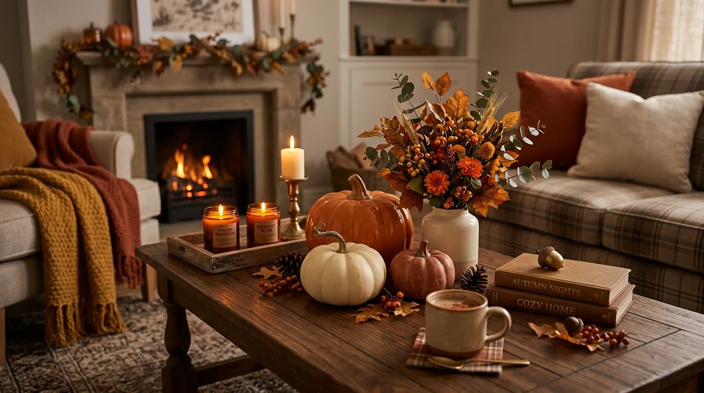 Cohesive coffee table arrangement in a warm neutral color palette.