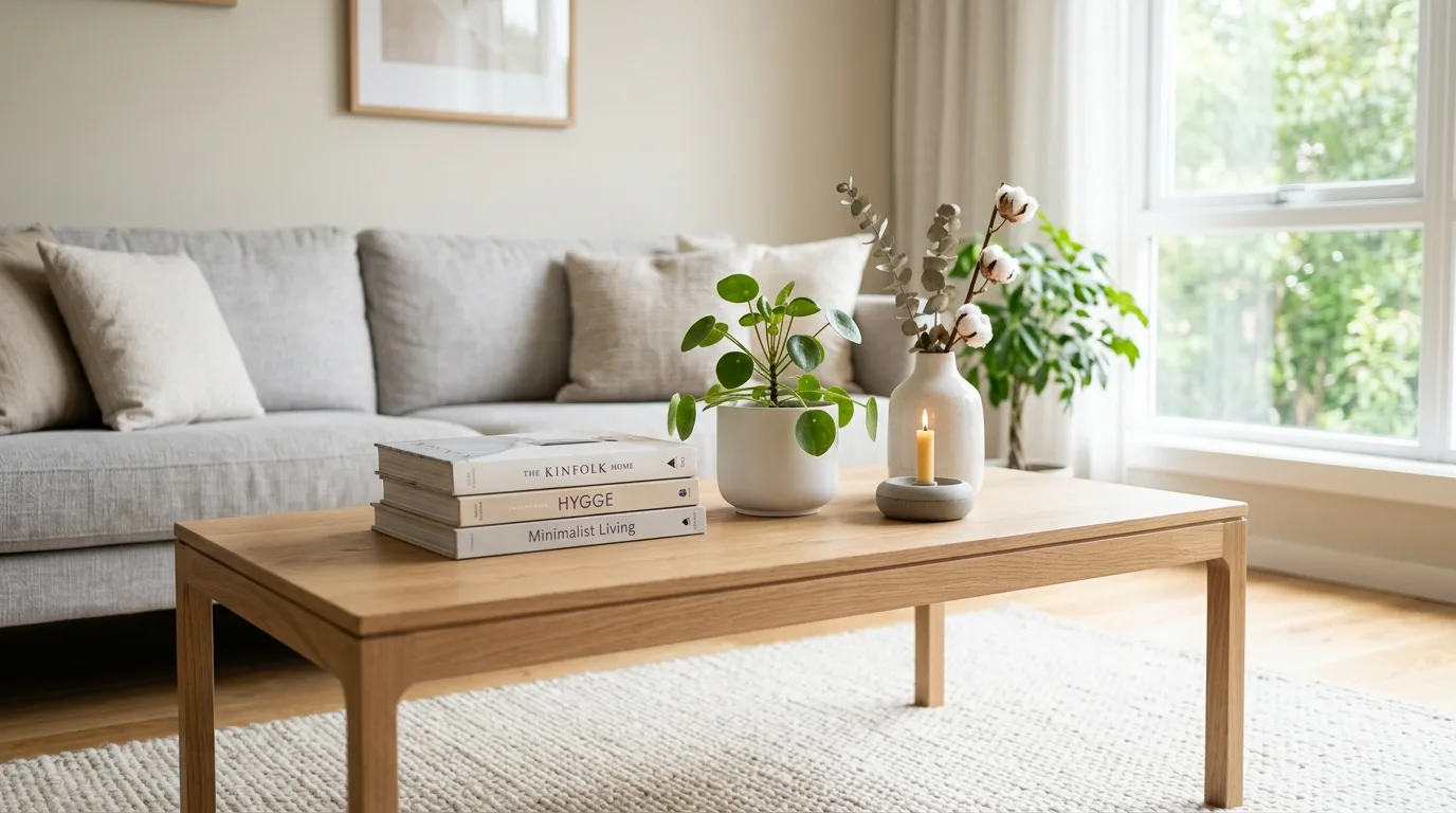 Coffee table decorated with woven texture and layered living room accessories.