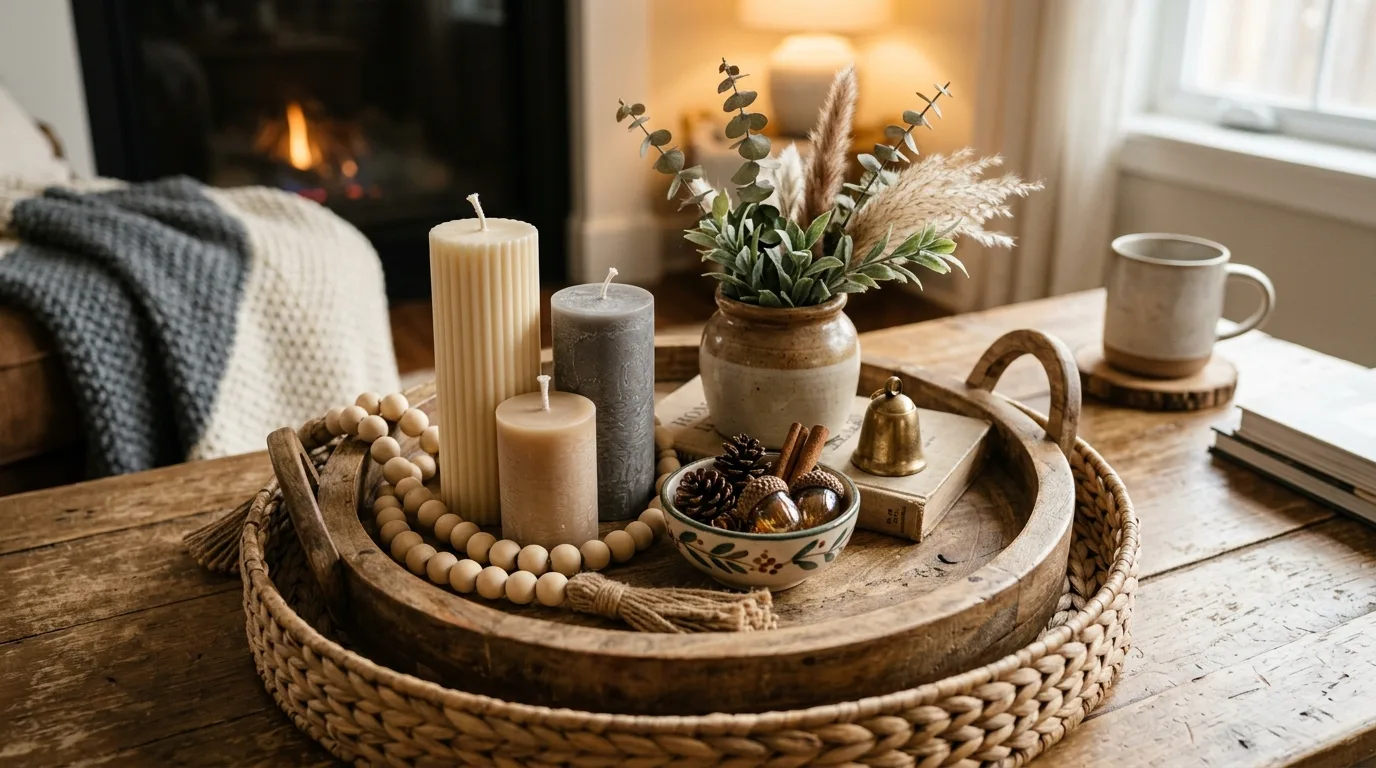 Asymmetrical coffee table styling with balanced decorative groupings.
