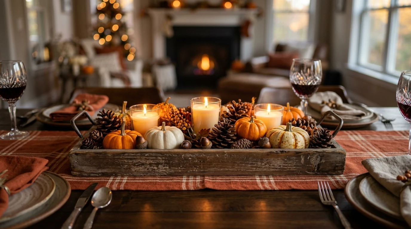Beautiful fall dining table centerpiece decor prepared for Thanksgiving hosting.