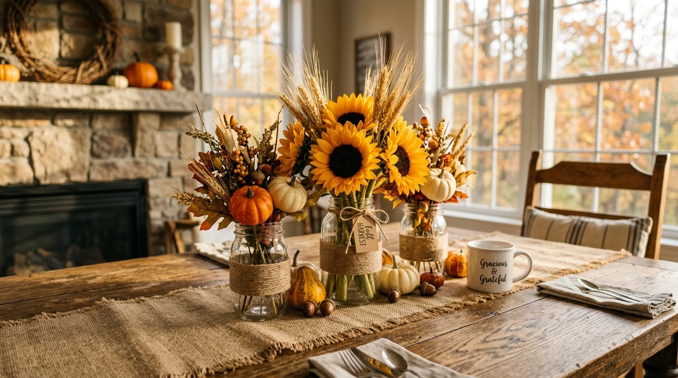 Thanksgiving table centerpiece arranged on a rustic wooden tray with harvest decor.
